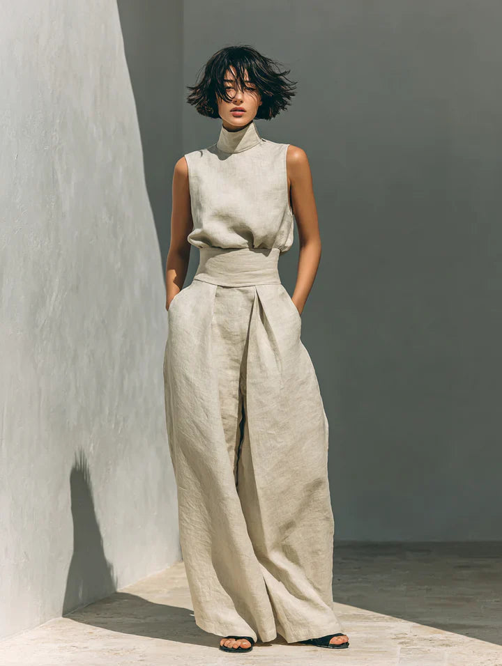 Flor™ | Minimalist Sleeveless Blouse and Wide-Leg Pants Set in Cotton and Linen for Women