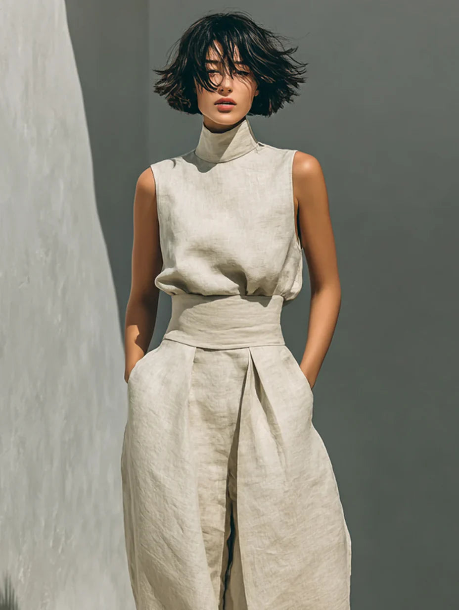 Flor™ | Minimalist Sleeveless Blouse and Wide-Leg Pants Set in Cotton and Linen for Women