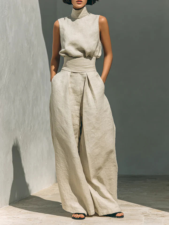 Flor™ | Minimalist Sleeveless Blouse and Wide-Leg Pants Set in Cotton and Linen for Women