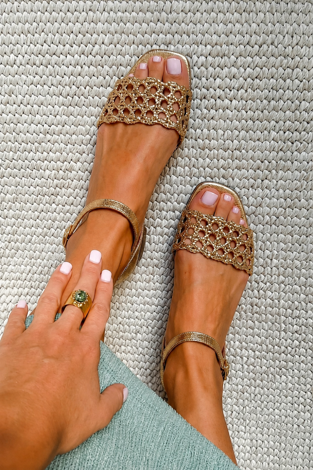 Ottavia gold woven square-toe sandals