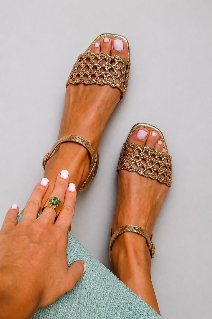 Ottavia gold woven square-toe sandals