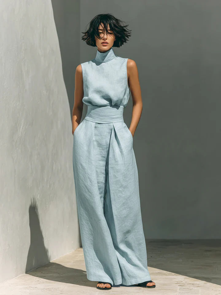 Flor™ | Minimalist Sleeveless Blouse and Wide-Leg Pants Set in Cotton and Linen for Women
