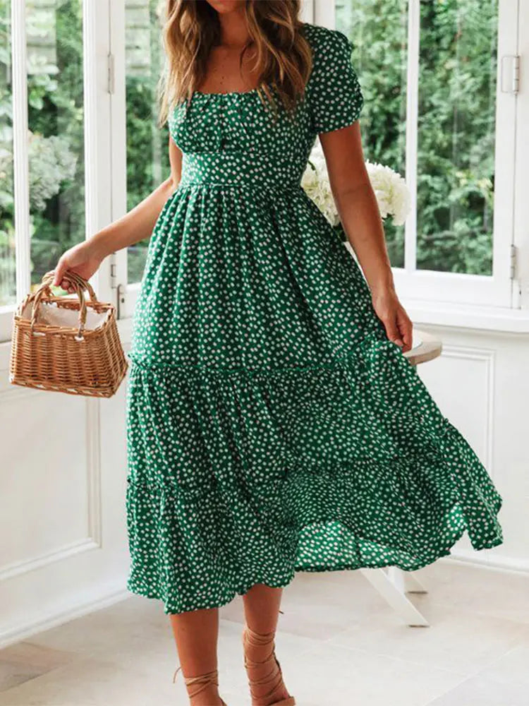 Liora™ | Vintage Floral Square Neck Midi Dress