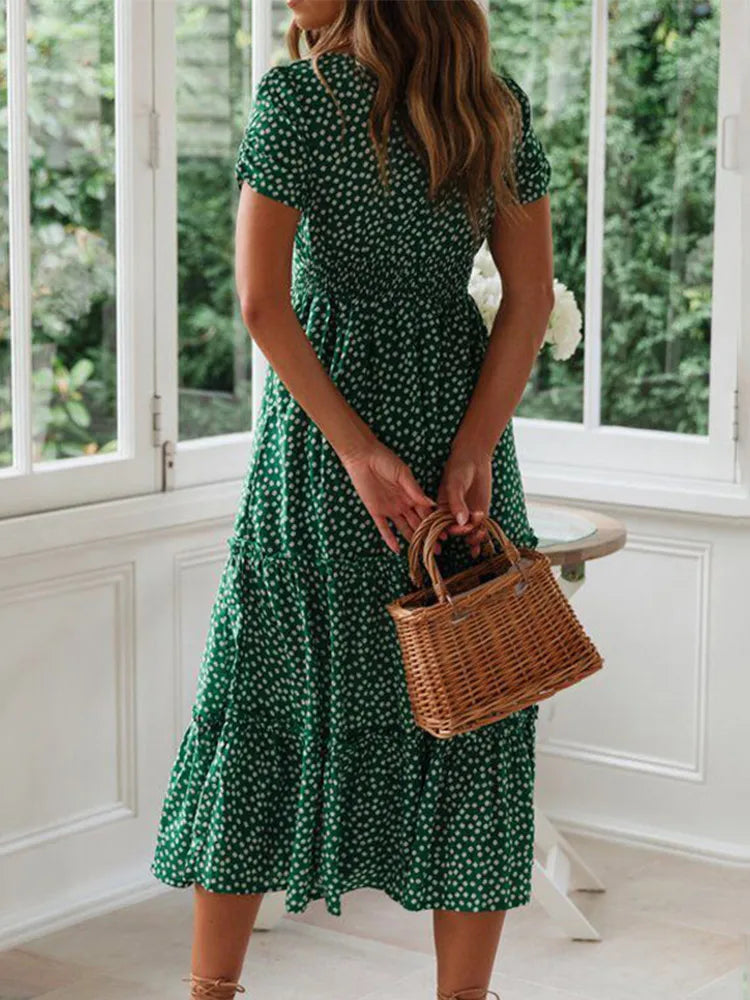Liora™ | Vintage Floral Square Neck Midi Dress