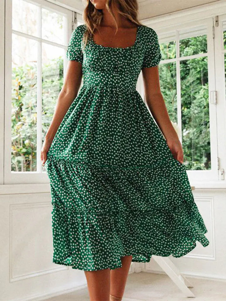 Liora™ | Vintage Floral Square Neck Midi Dress