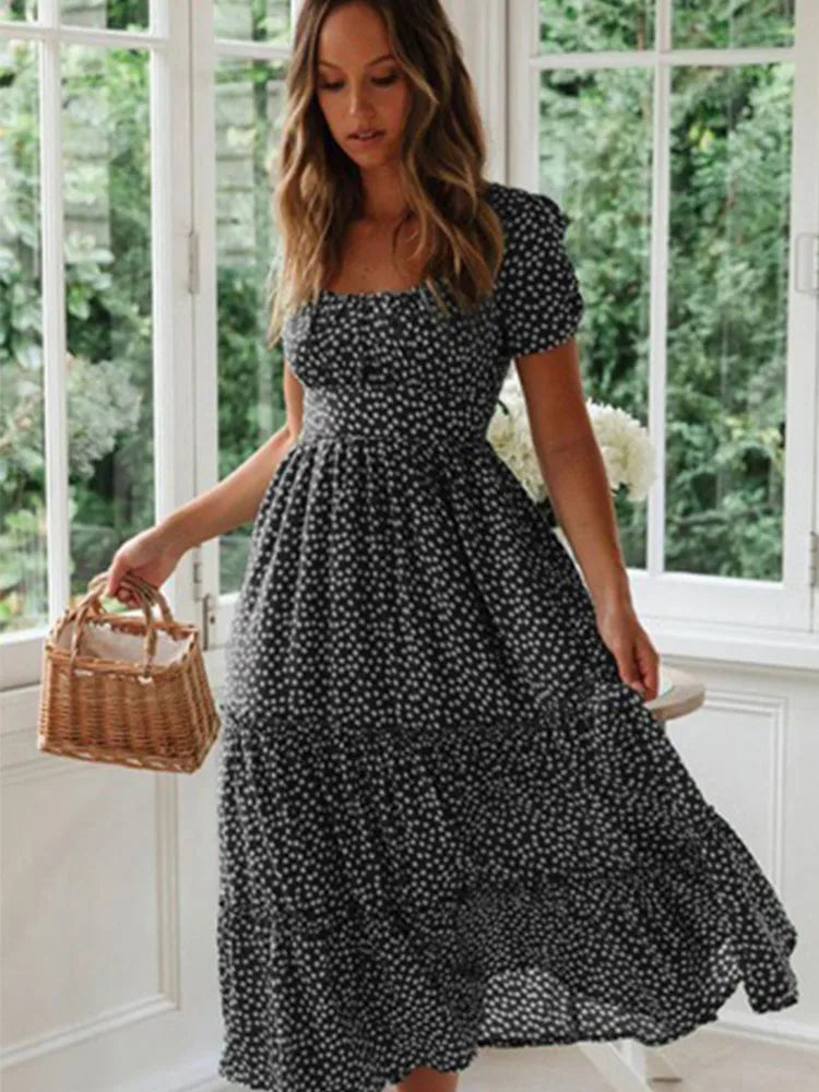 Liora™ | Vintage Floral Square Neck Midi Dress