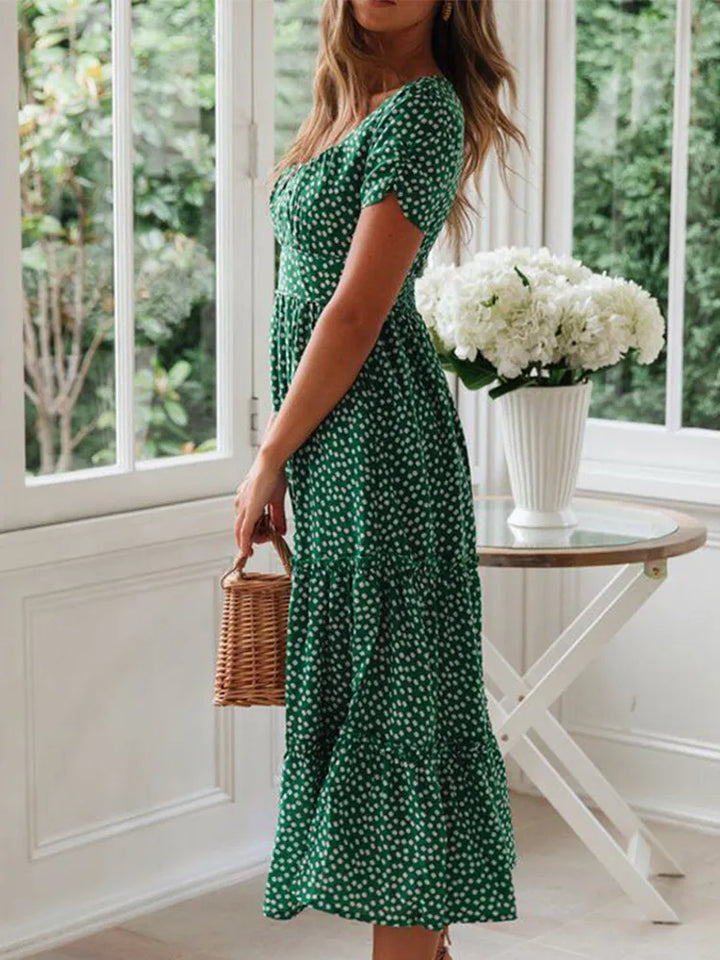 Liora™ | Vintage Floral Square Neck Midi Dress