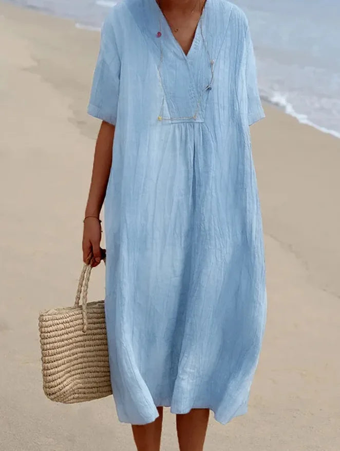 Sandra | Casual linen-textured dress with a V-neck