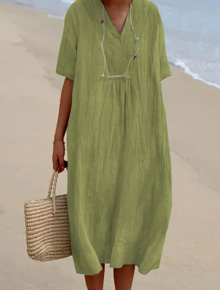 Sandra | Casual linen-textured dress with a V-neck