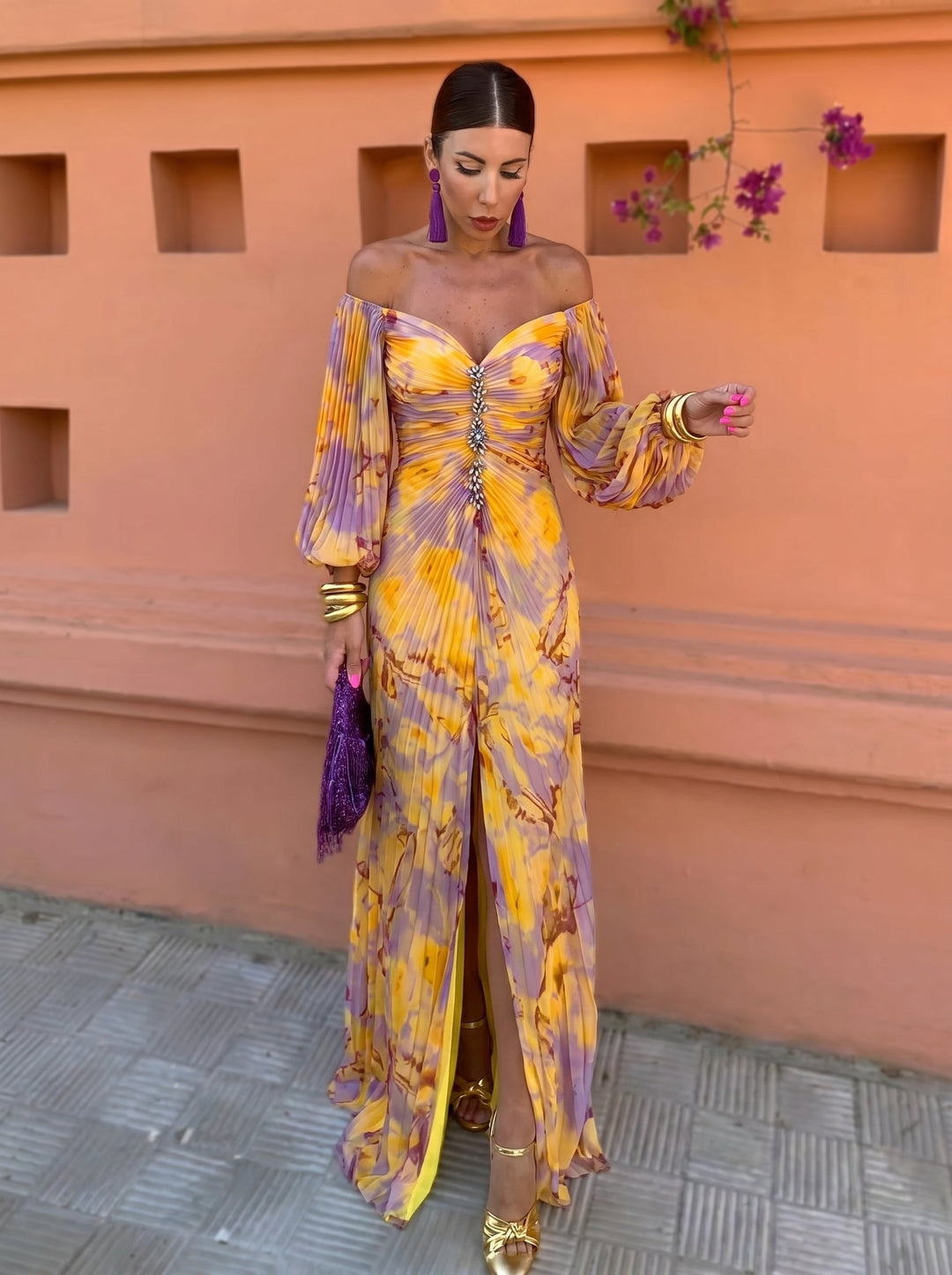 Gregoria dramatic off-shoulder maxi dress